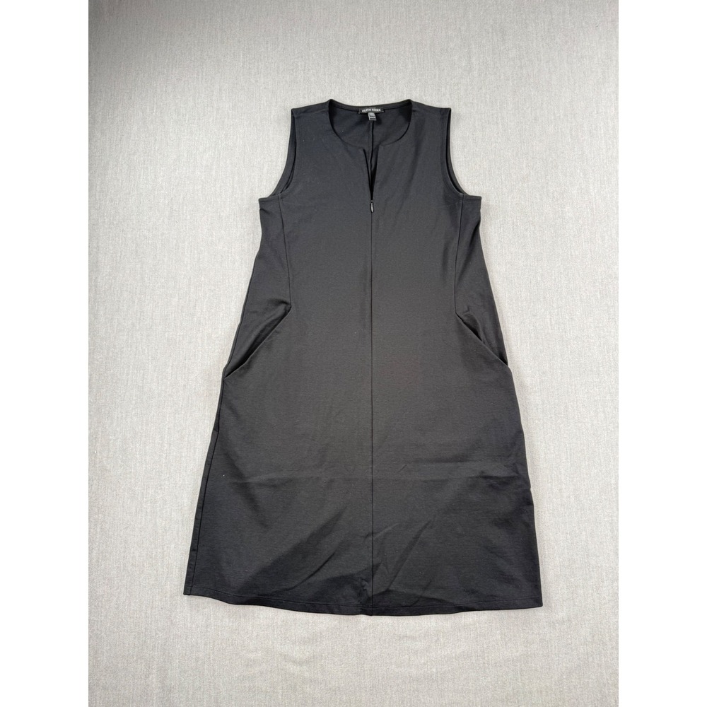 Eileen Fisher Black Organic Cotton Blend Sleeveless Shift Dress XXS Pocket Zip